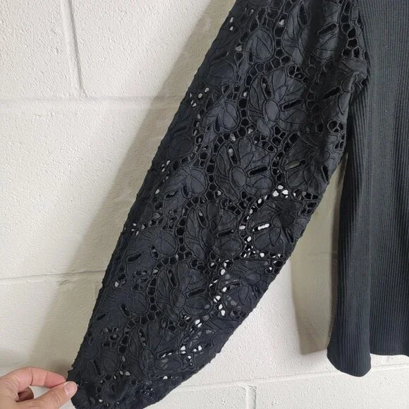 J Crew Lace Sleeve Top Black Size Small CD270 Sheer Whimsygoth Preppy Career - Picture 2 of 8